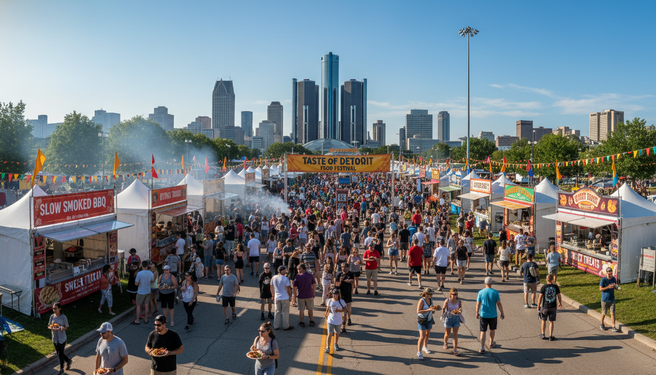 Crowds enjoying Detroit food festivals 2026 in a city park