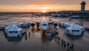 An Air France diverted flight sits on the tarmac as health officials prepare for Ebola travel restrictions screening.