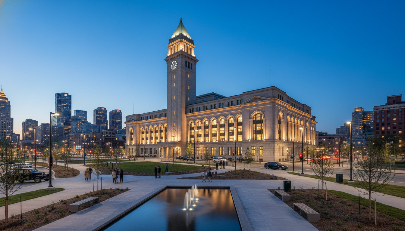 The exterior of the Detroit Michigan Central development showing the restored train station and Roosevelt Park.