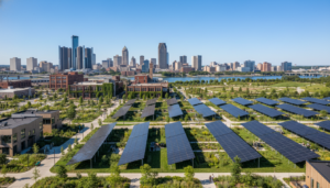 A large-scale solar array installation representing green energy Detroit initiatives near a residential neighborhood.