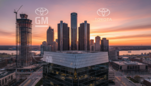 A view of the Detroit skyline representing the evolving landscape for Detroit automakers like GM and Toyota.