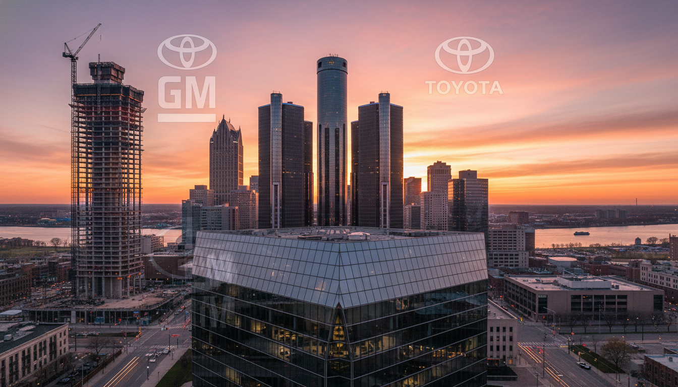 A view of the Detroit skyline representing the evolving landscape for Detroit automakers like GM and Toyota.