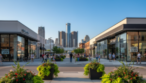 A modern retail corridor showcasing new businesses Detroit 2026 developments and active street life.