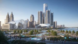 A modern view of the Detroit economy 2026 skyline and business district.