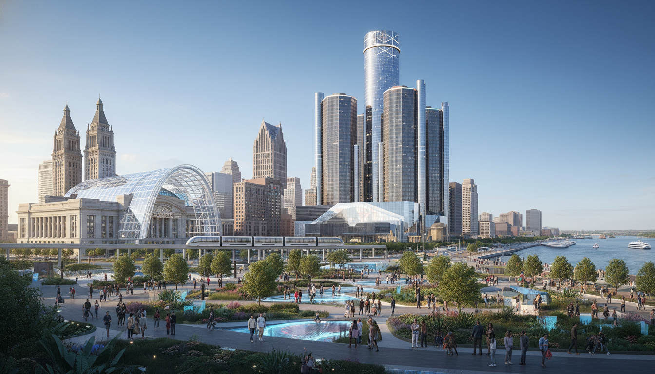 A modern view of the Detroit economy 2026 skyline and business district.