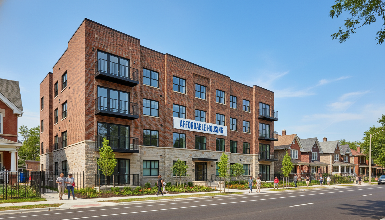 A new Detroit affordable housing development project featuring a renovated historic brick building.