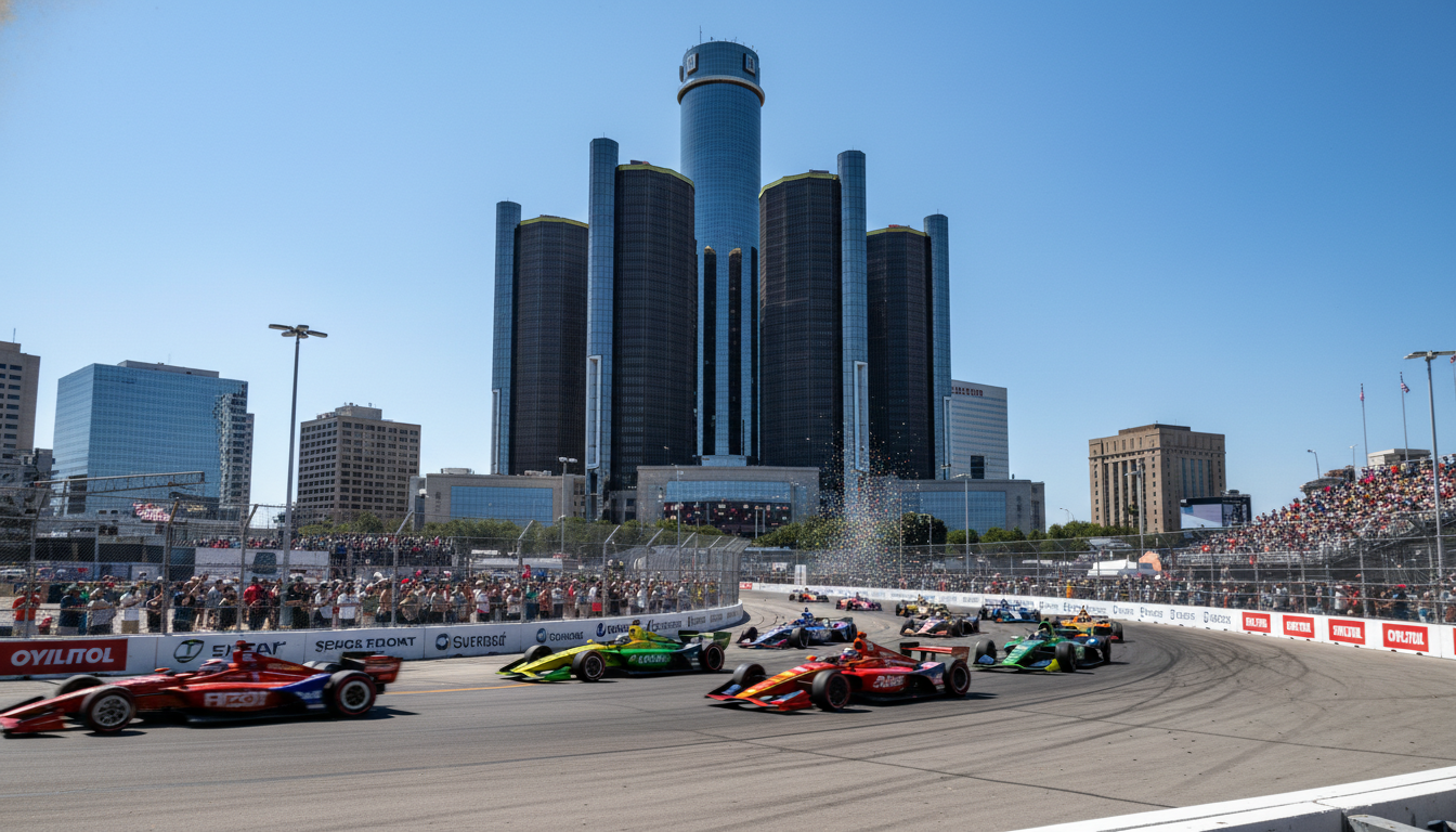 Race cars on the track during the Detroit Grand Prix weather event downtown.