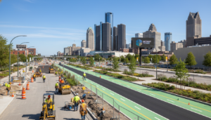 Major construction and road projects for Detroit infrastructure 2026 with city skyline.