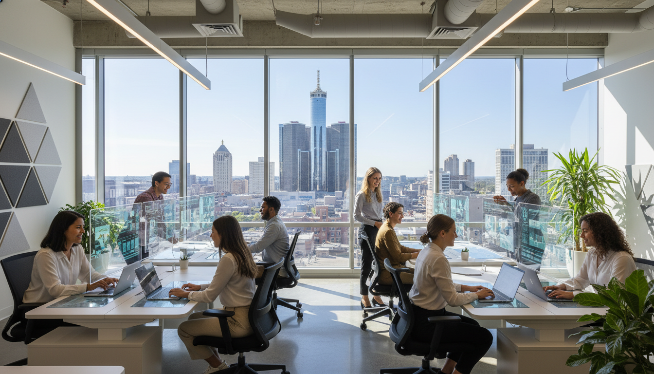 A professional workspace in the city illustrating the outlook for jobs Detroit 2026 and the modern urban economy.