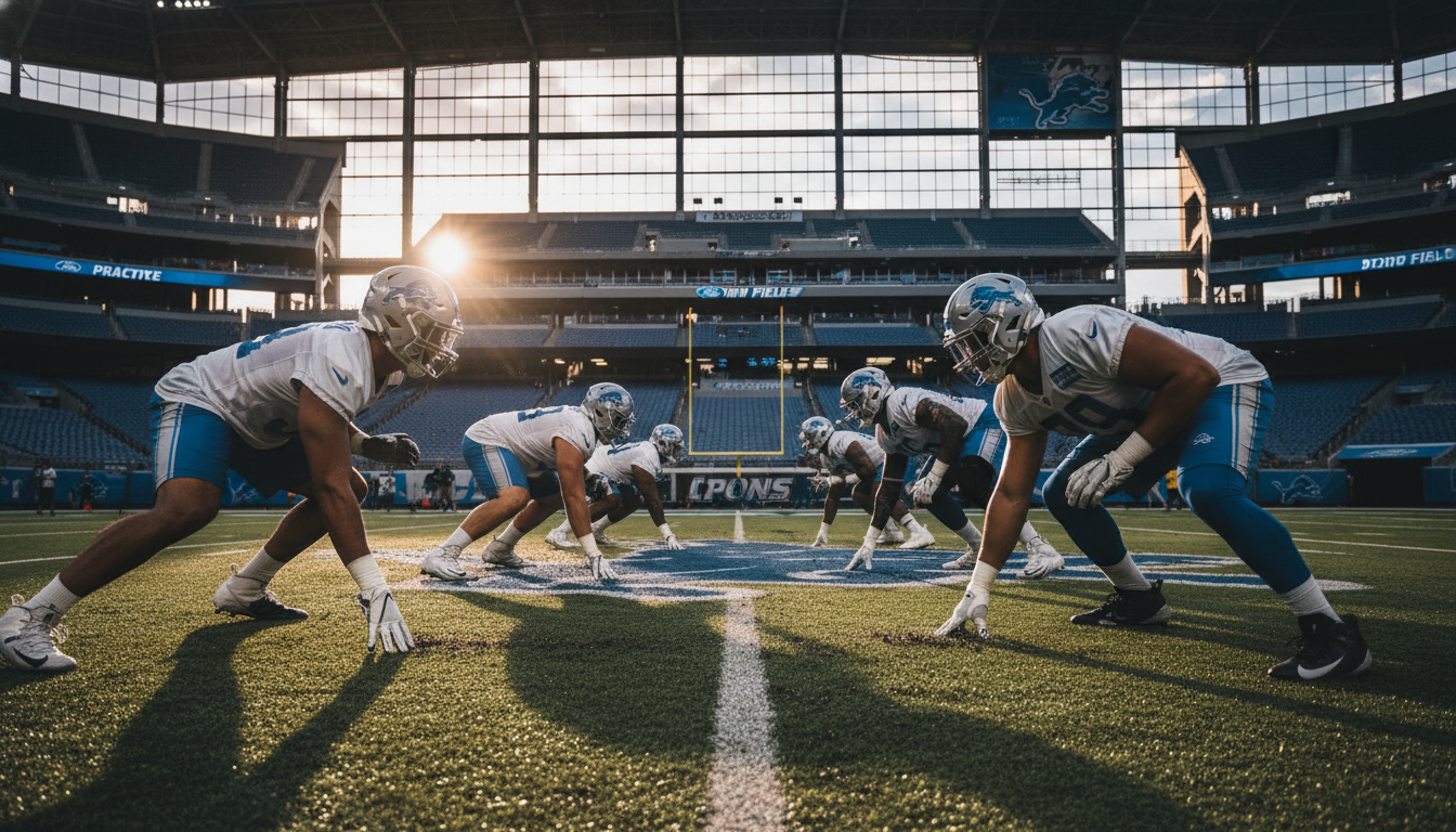 The Detroit Lions offensive line set at the line of scrimmage during a game at Ford Field.