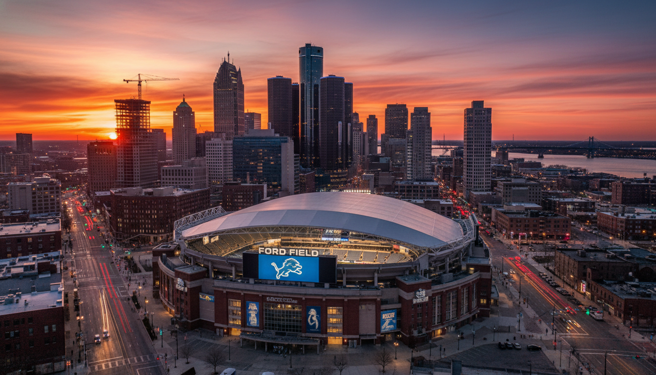 A view of the Detroit skyline and Ford Field representing the latest Detroit Lions offseason news.