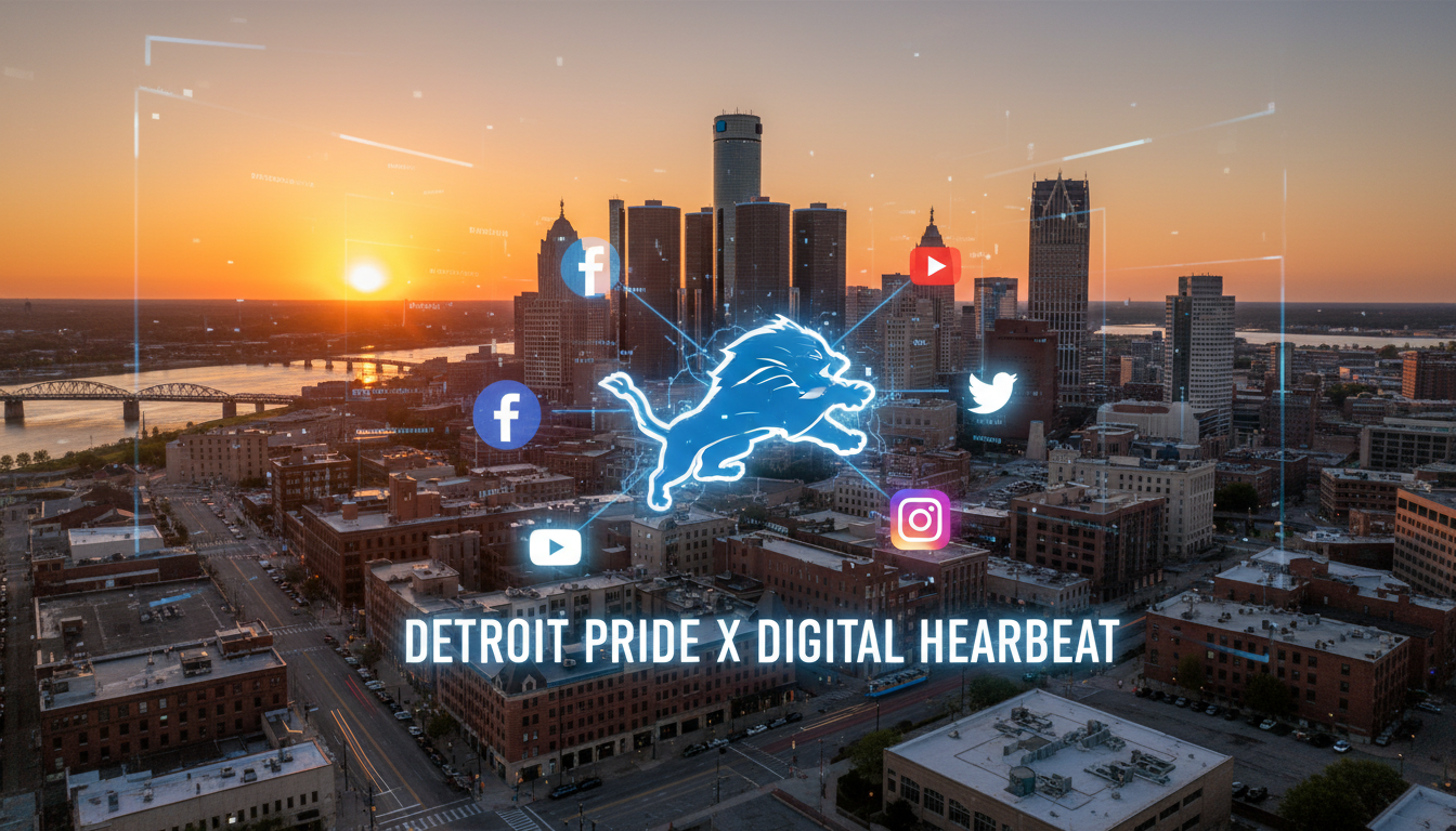 A high-energy Detroit Lions social media post displayed on a digital screen in downtown Detroit.