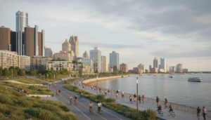 A scenic view of the Detroit riverfront and skyline showing the results of people moving to Detroit for a better urban lifestyle.