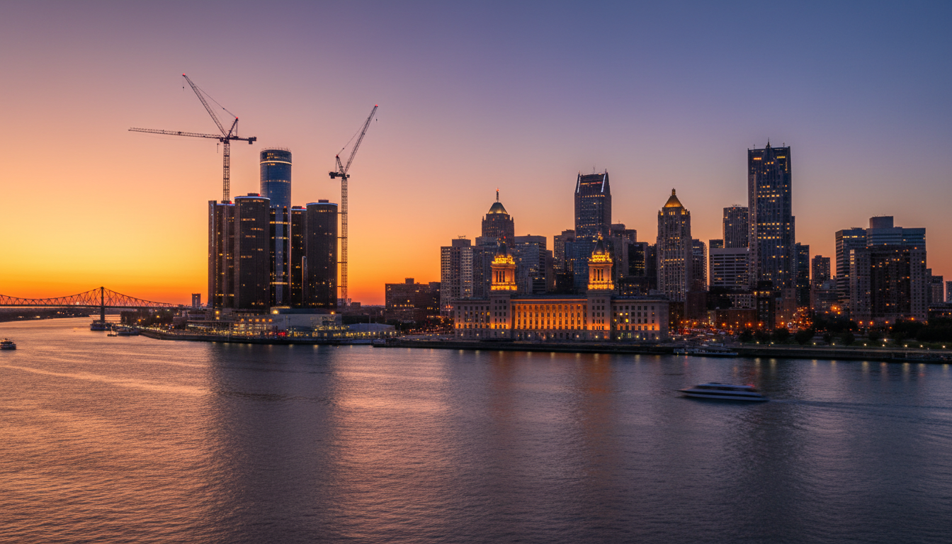 The Detroit skyline showing modern development and people moving to Detroit in 2026.