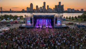A large crowd enjoying the Detroit music scene at a major outdoor festival with the city skyline in the background.