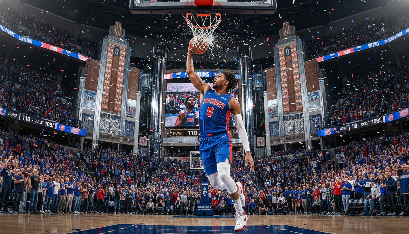 A professional basketball game featuring a Detroit Pistons player during a critical Jalen Duren decision moment.