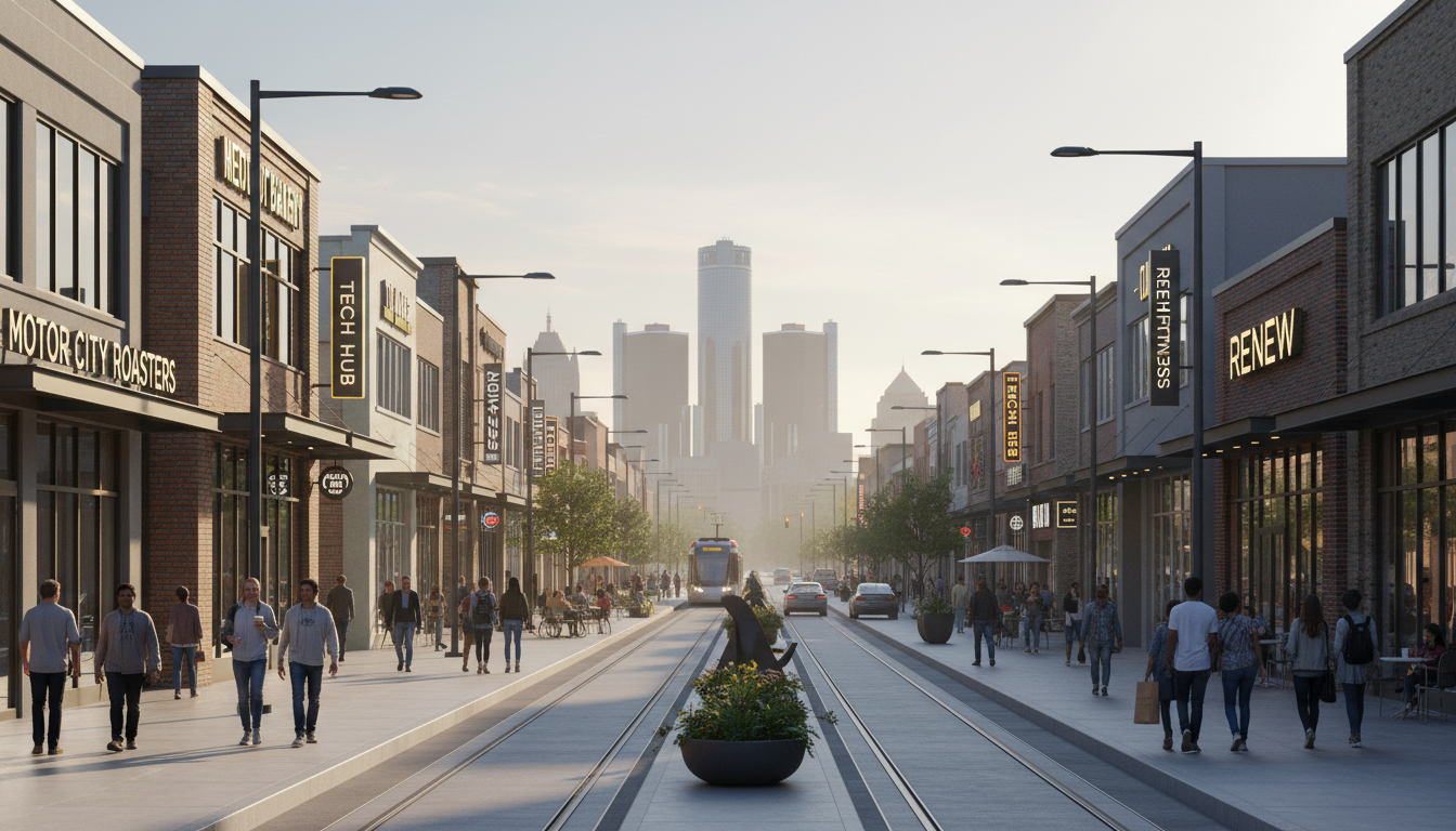 A vibrant commercial street in Detroit representing the growth of small business Detroit in 2026.