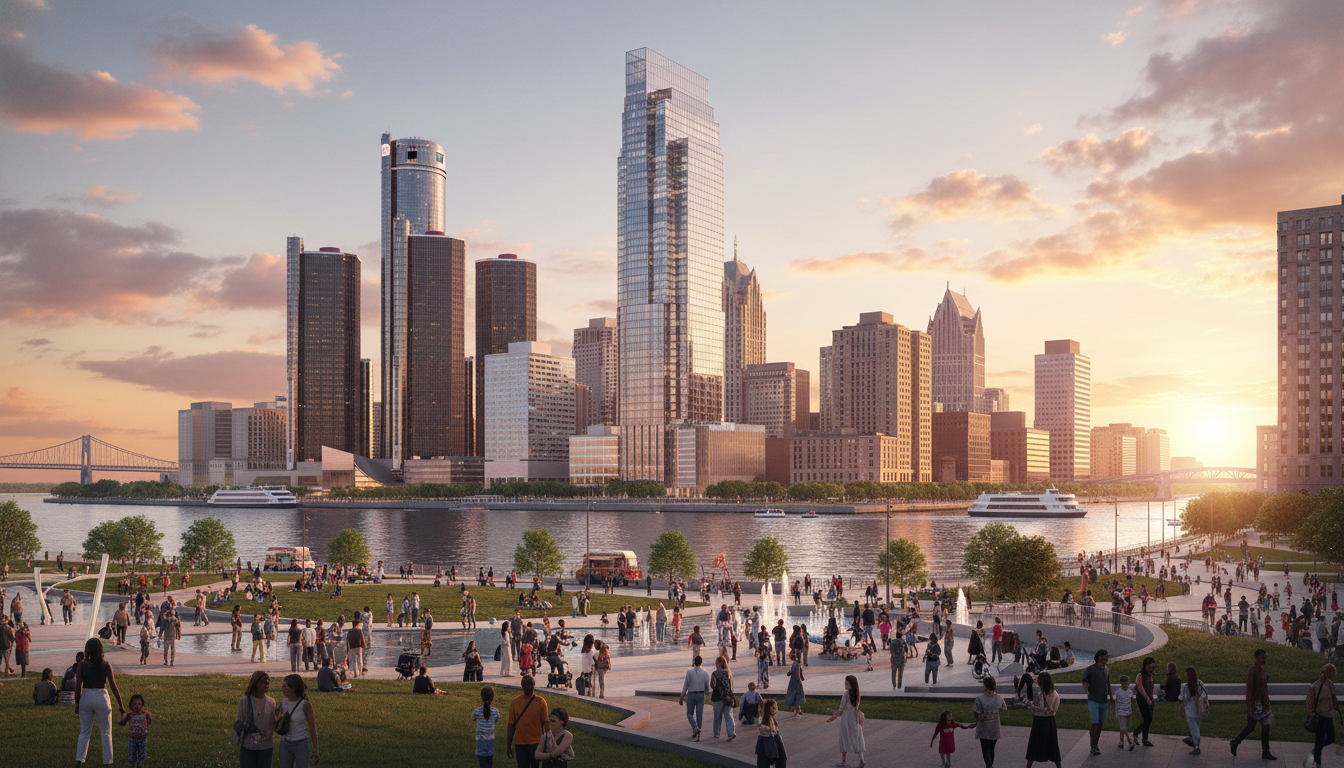 A scenic view of the Detroit riverfront and skyline highlighting things to do Detroit 2026