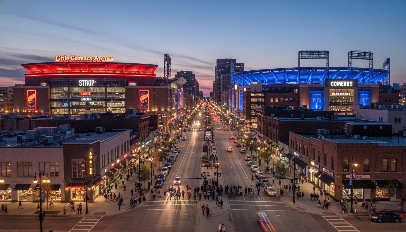 A view of the Detroit sports events 2026 venues including Little Caesars Arena at night.
