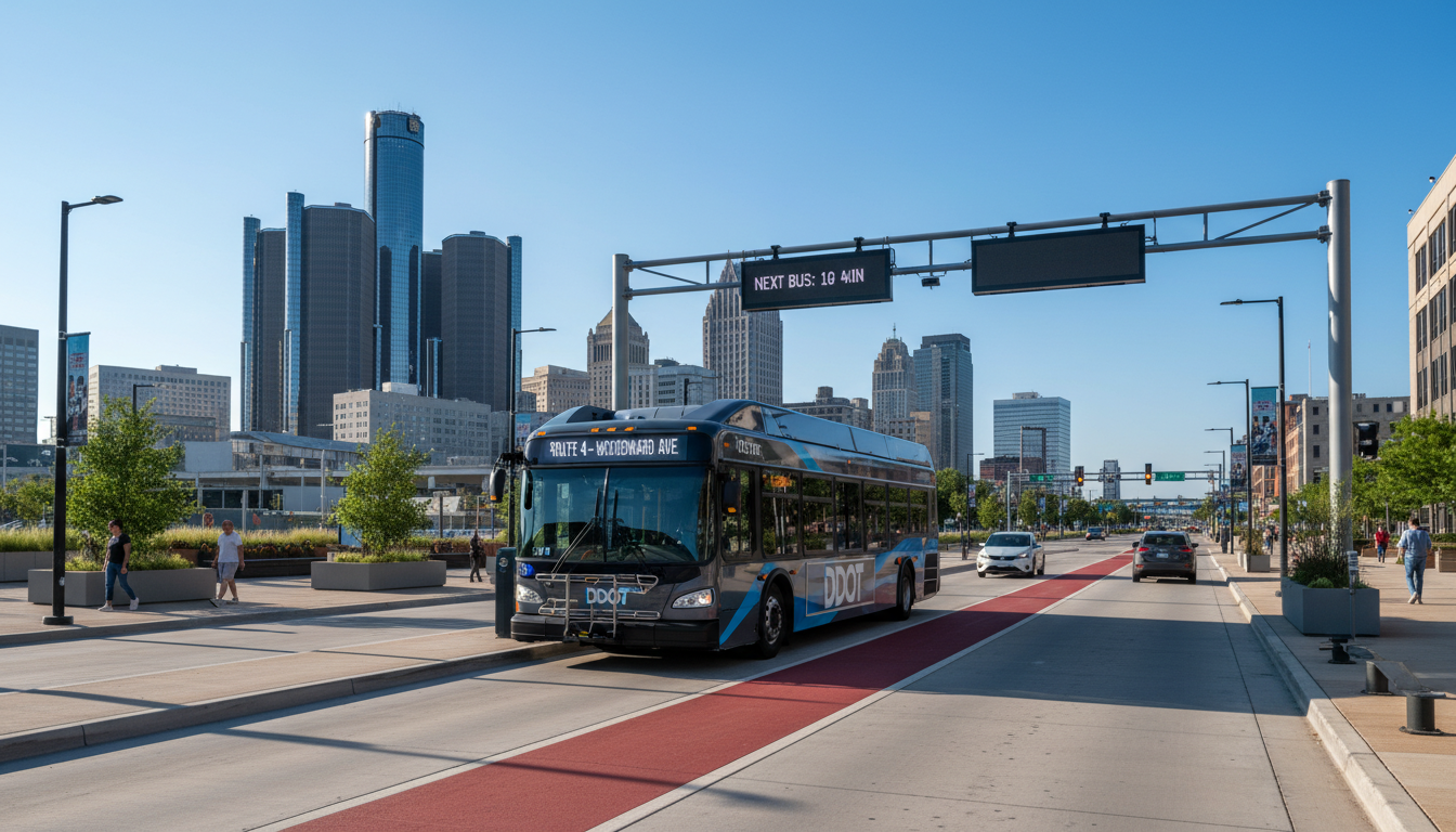 A modern electric bus representing the future of Detroit public transport and city mobility.