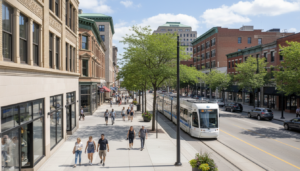 Pedestrians walking past local shops during a shopping Detroit experience in the downtown district.