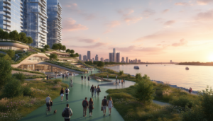 A panoramic view of the Detroit riverfront development featuring new parks and modern urban planning Detroit.