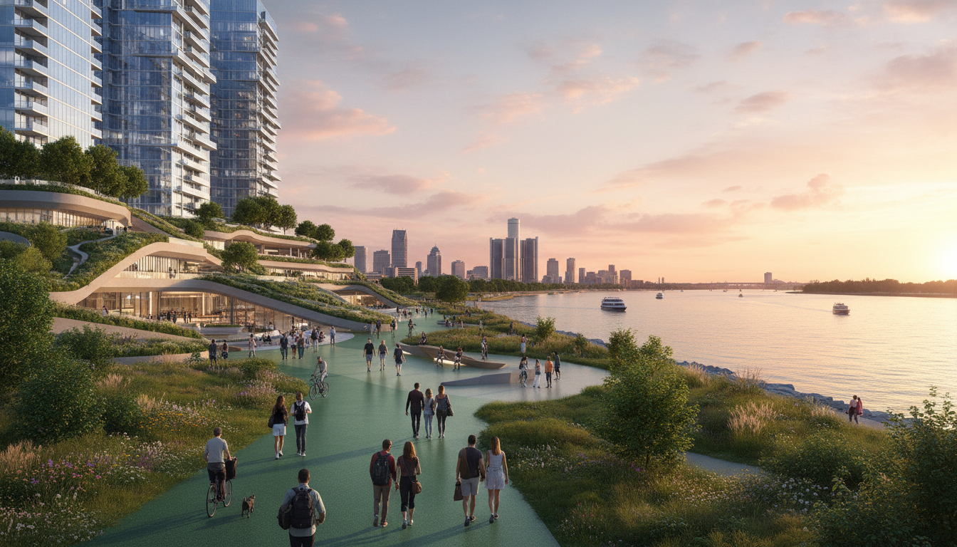 A panoramic view of the Detroit riverfront development featuring new parks and modern urban planning Detroit.