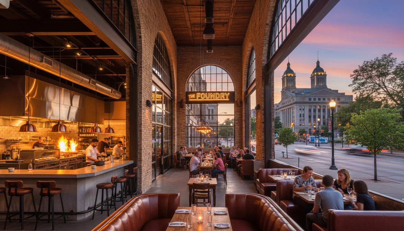 A vibrant dining room in one of the best restaurants Detroit offers, showcasing modern design and local diners.
