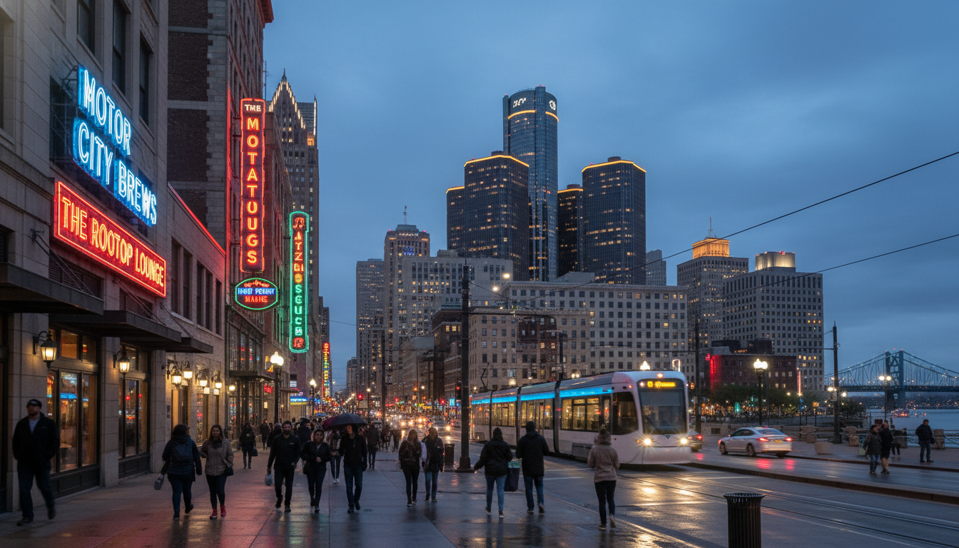 A vibrant view of Detroit nightlife and entertainment venues at night in 2026.