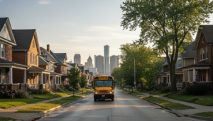 A yellow bus parked in front of Detroit schools to help reduce student absenteeism.