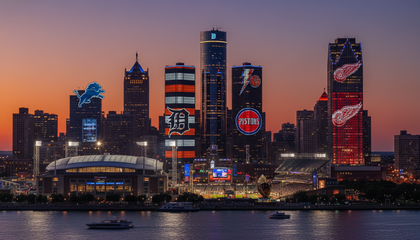 A composite view of the Detroit skyline highlighting the latest Detroit sports updates for the Lions, Tigers, and Pistons.