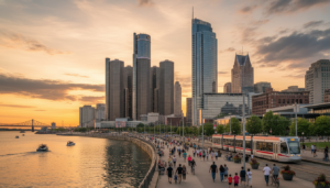 A view of the Detroit skyline and riverfront showcasing the Detroit tourism 2026 boom.