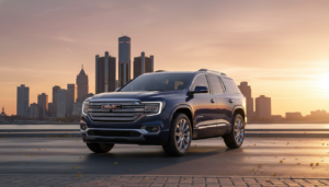 The 2026 GMC Acadia Denali SUV being tested for performance on a Detroit highway.