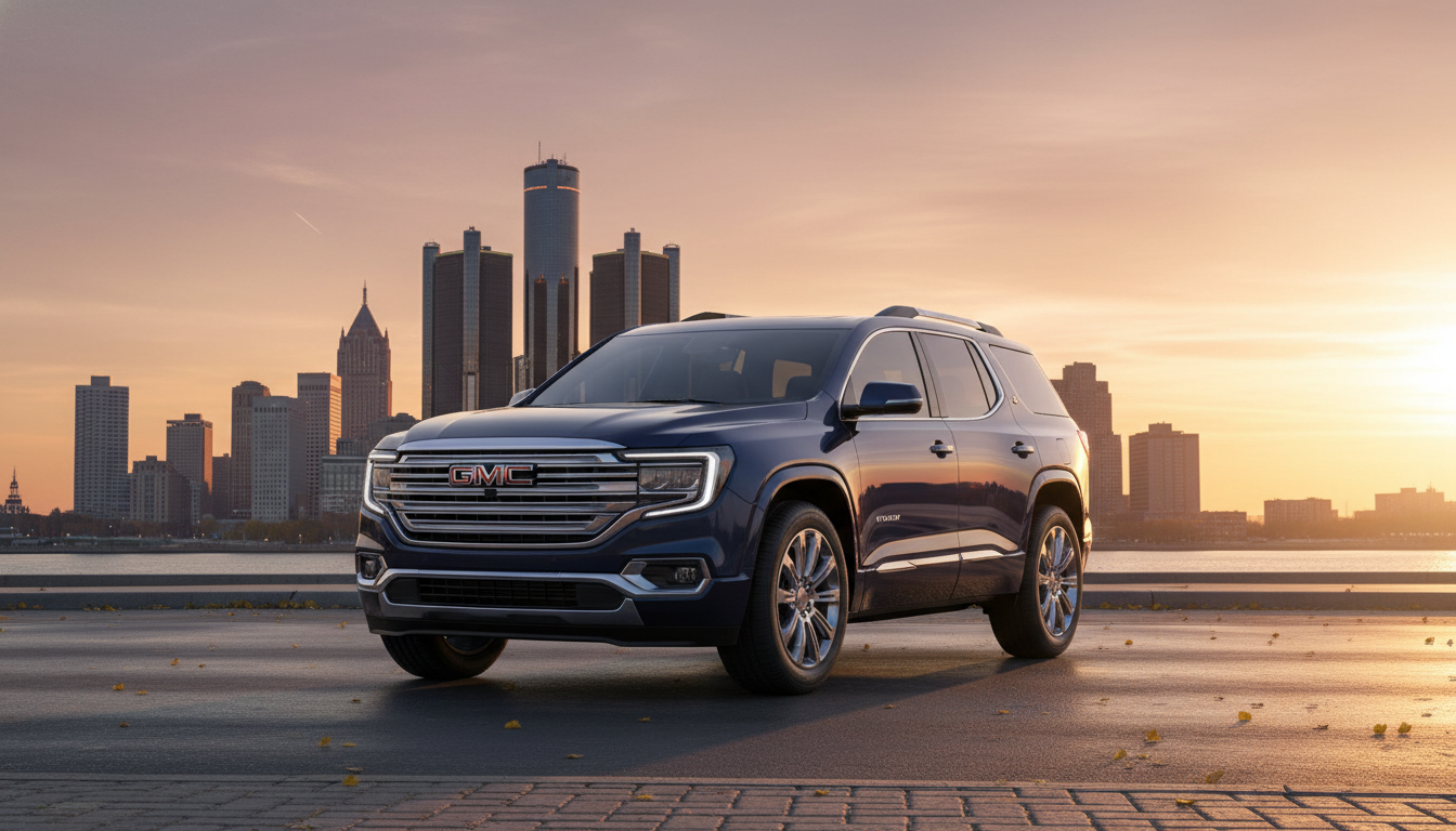 The 2026 GMC Acadia Denali SUV being tested for performance on a Detroit highway.