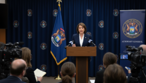 Michigan AG Dana Nessel speaking at a podium regarding the Democratic convention audit.