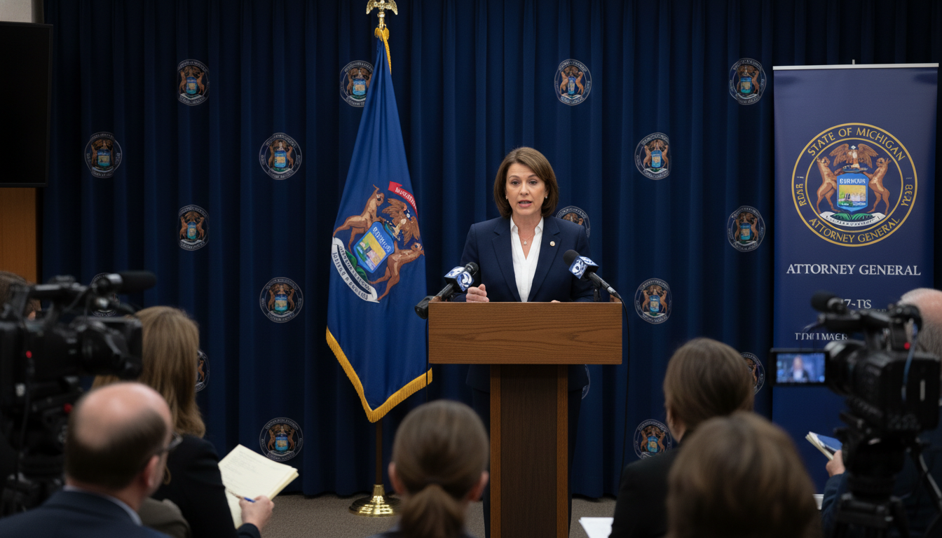 Michigan AG Dana Nessel speaking at a podium regarding the Democratic convention audit.