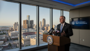Detroit Mayor Mike Duggan giving a press conference regarding the latest Mike Duggan news on the governor race.