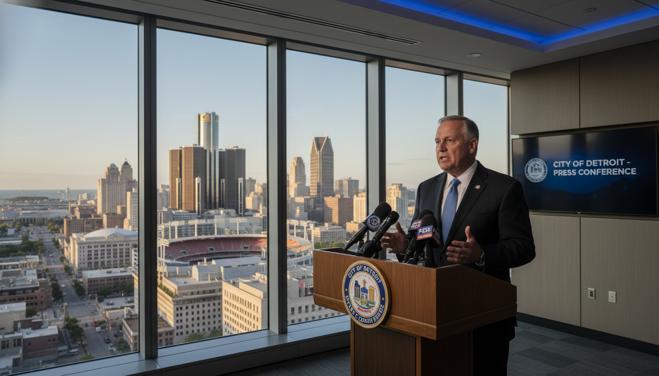 Detroit Mayor Mike Duggan giving a press conference regarding the latest Mike Duggan news on the governor race.