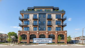 A modern affordable housing Detroit development featuring brick architecture and sustainable design.
