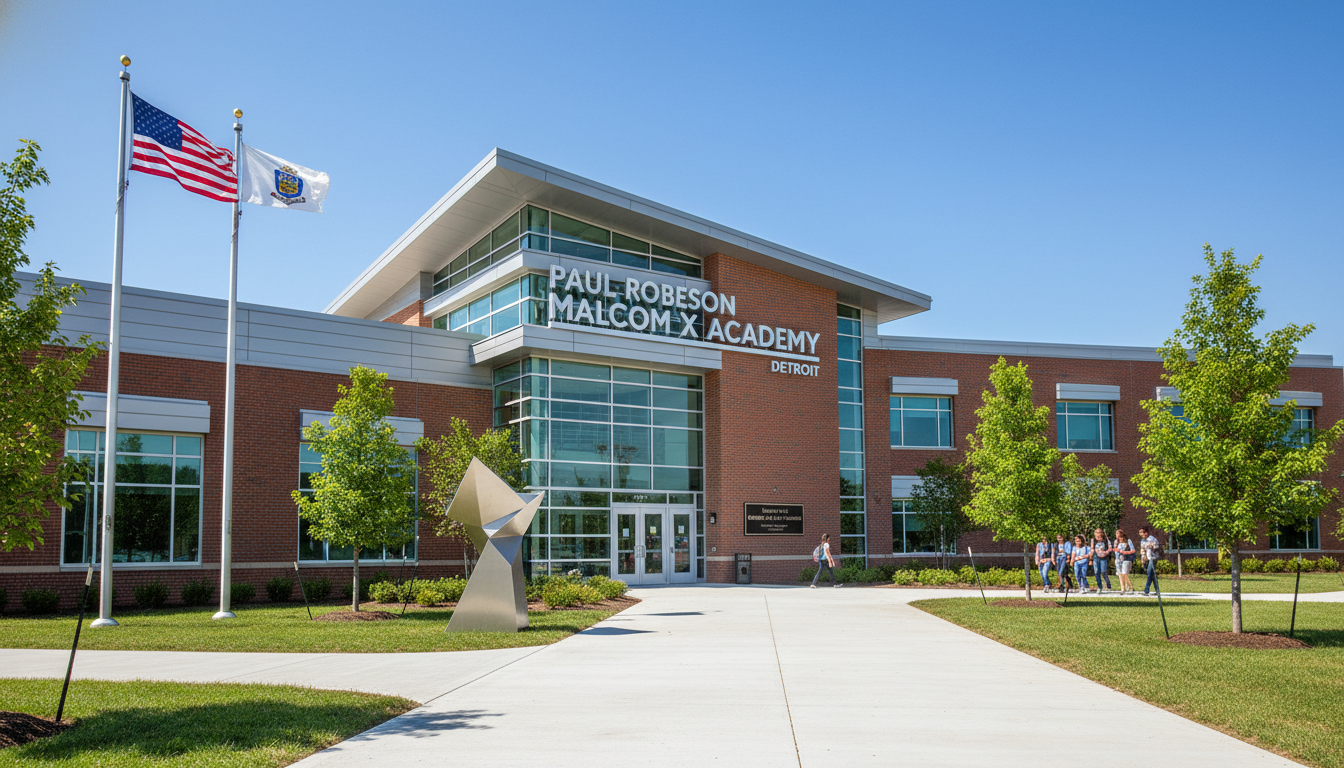 The exterior of the Paul Robeson Malcolm X Academy representing Detroit school leadership changes.
