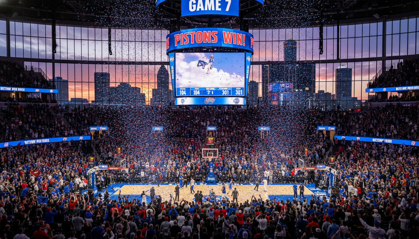 Detroit Pistons vs Magic Game 7 victory celebration at Little Caesars Arena.