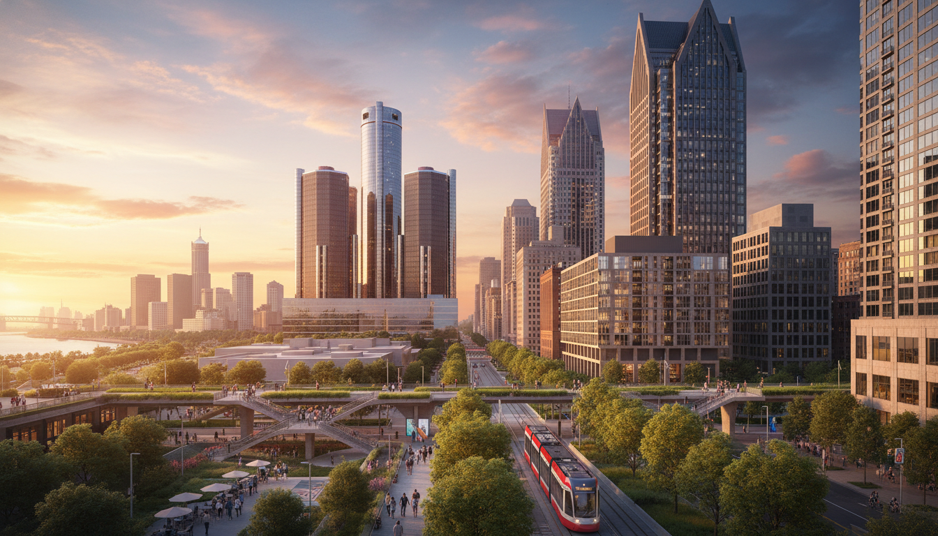 Architectural rendering of the District Detroit development showing new residential and office buildings in the city core.