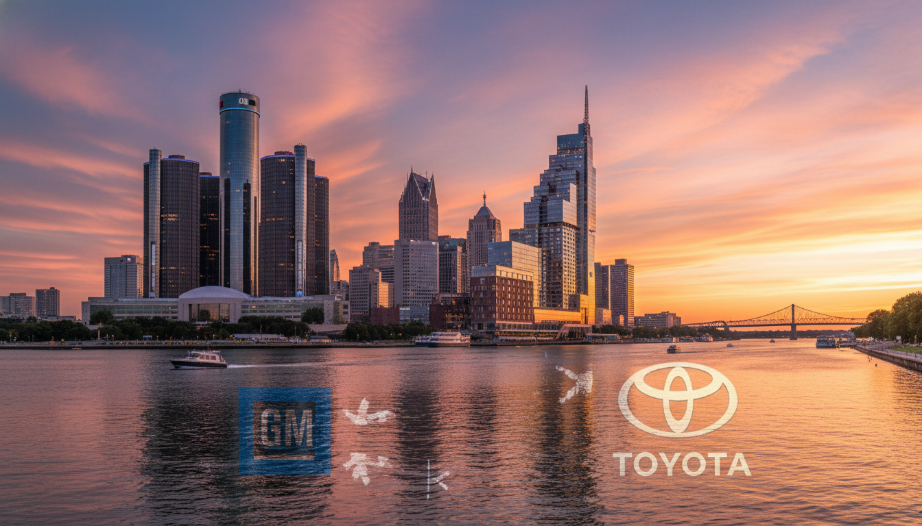 The Detroit auto industry skyline featuring corporate headquarters and urban development.