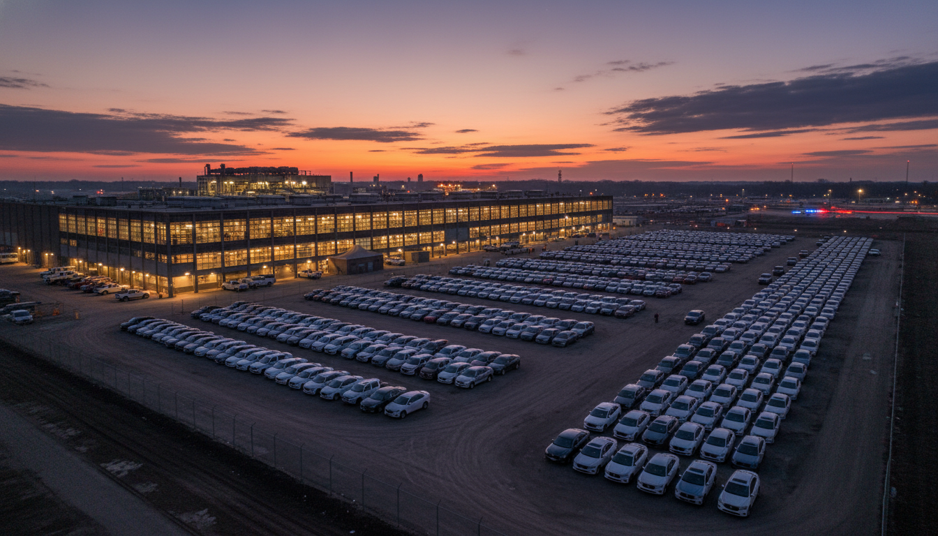 A secure lot at a Detroit assembly plant relevant to the auto theft case investigation.