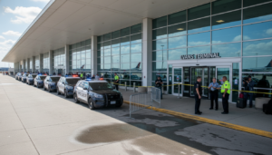 Emergency responders at the scene of a Detroit Metro Airport Evans Terminal crash