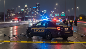A damaged Michigan State Police Detroit patrol vehicle at a crash site on the Lodge Freeway.