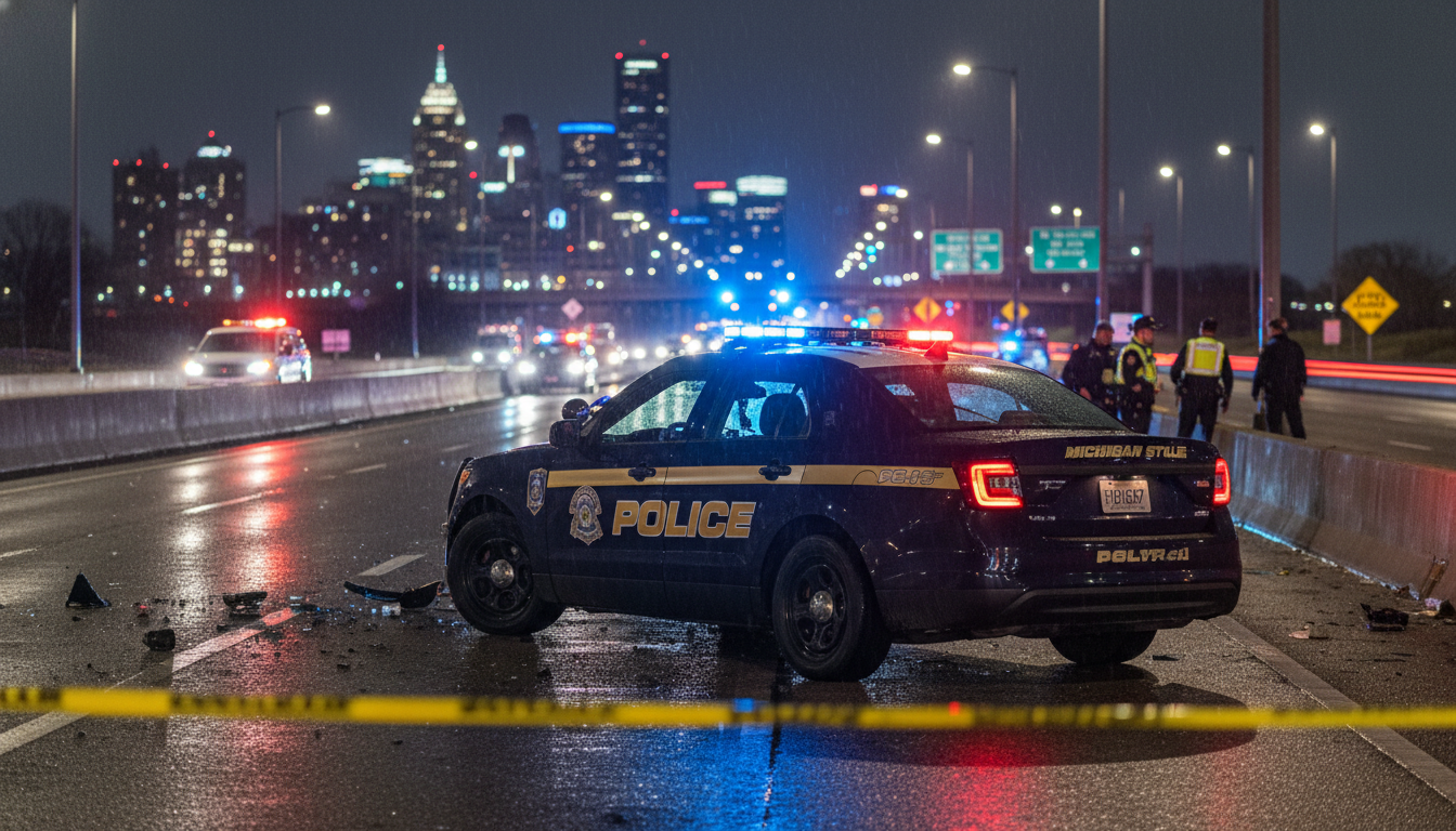 A damaged Michigan State Police Detroit patrol vehicle at a crash site on the Lodge Freeway.