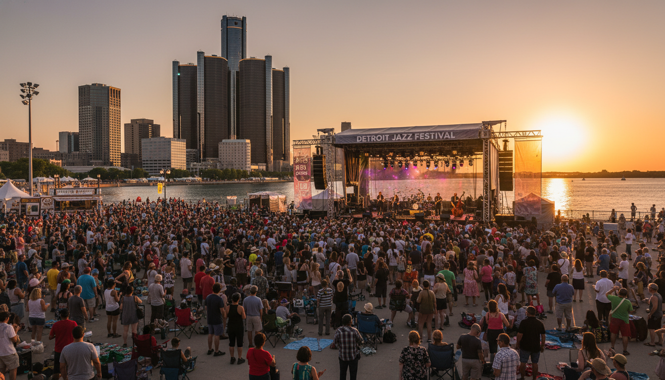 A large crowd gathers for free festivals Detroit during a sunny weekend at Hart Plaza.