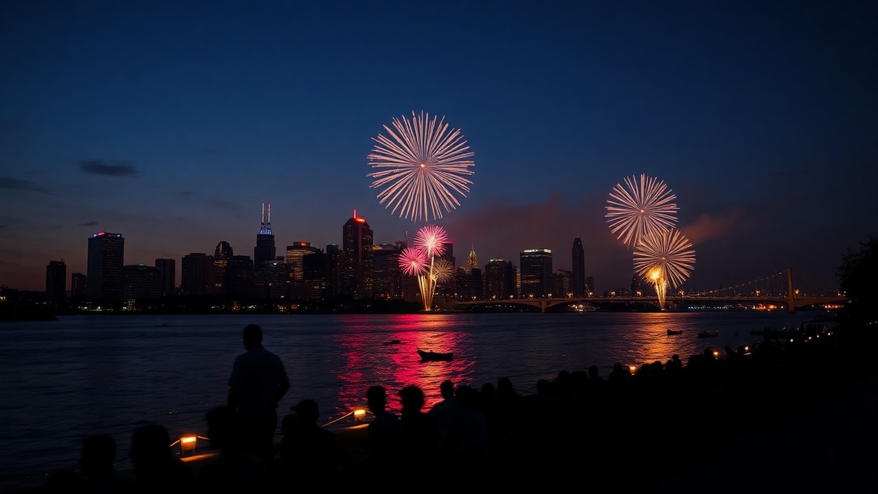 Detroit Ford Fireworks 2026: fireworks over Detroit waterfront with crowds gathered for the show