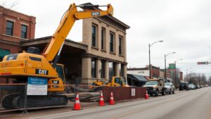 Detroit Lakes pavilion demolition begins with crews and safety fencing near the Detroit Lakes Pavilion site